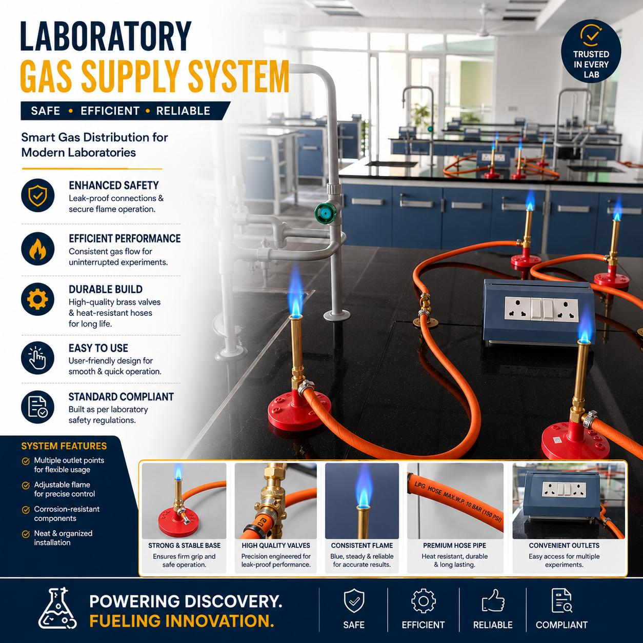 Laboratory gas supply system with brass valves and Bunsen burners