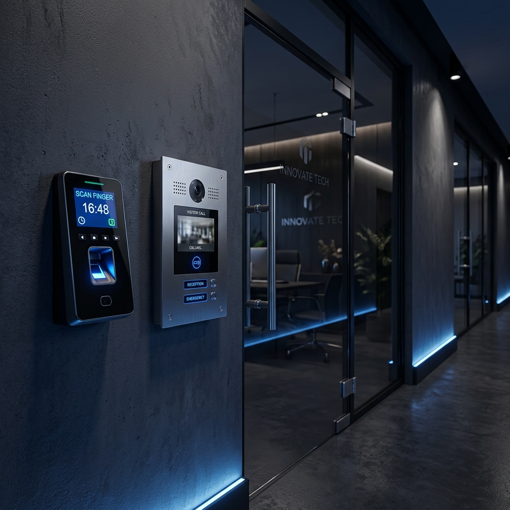 Biometric fingerprint access control device on office wall