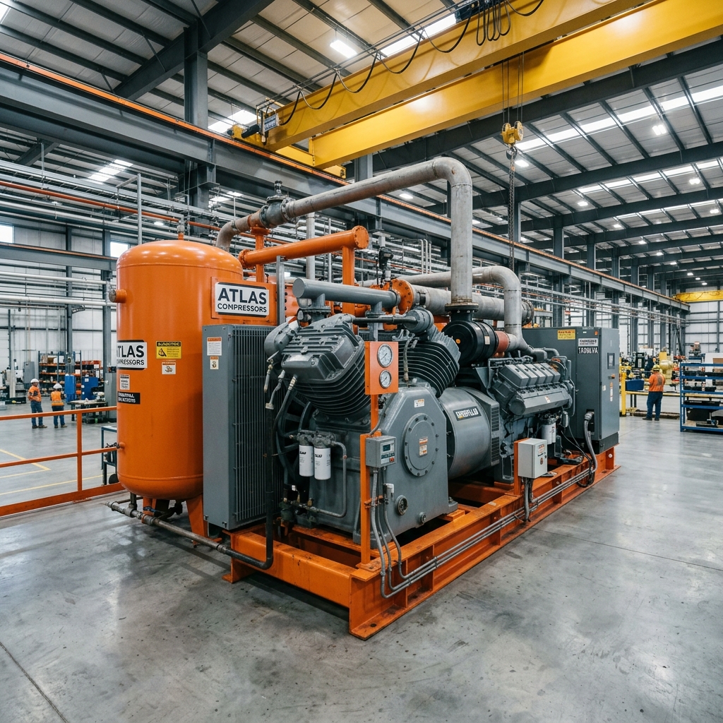 Industrial air compressor and diesel power generator in factory setting