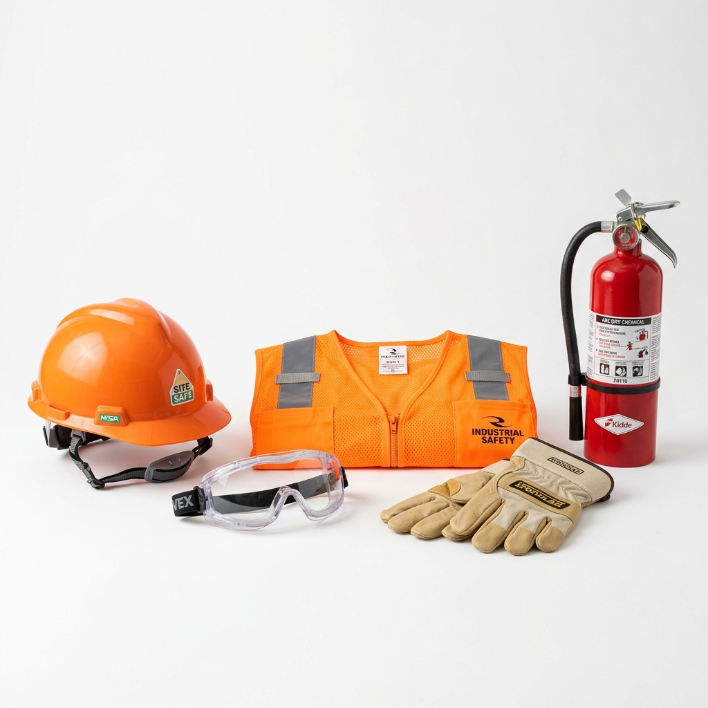 Complete PPE kit with hard hat, vest, gloves and goggles